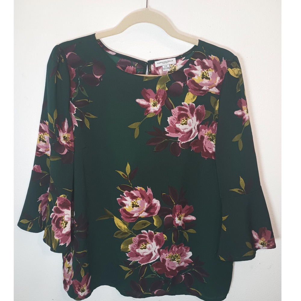 Carolina Belle Montreal Green Floral Bell Sleeve Blouse Top Size L Officewear